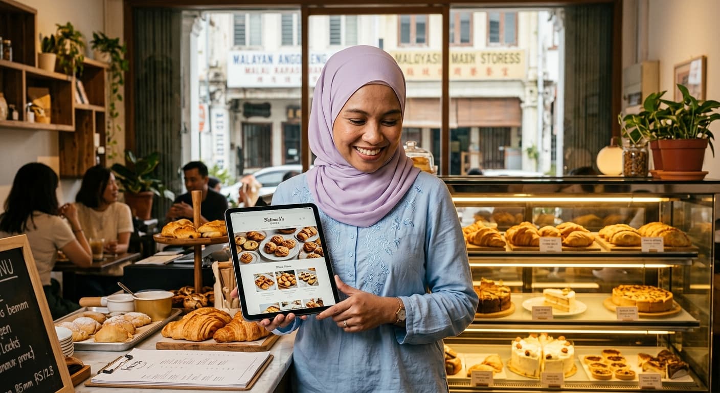 Happy Malaysian business owner showing her new website